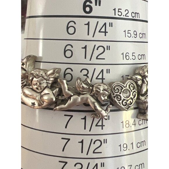 Vintage Angel Cherub Heart Themed Bracelet Slide Charms Rhinestones Estate 6.75" - Picture 4 of 4